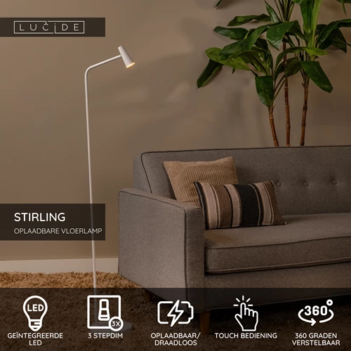 Lucide STIRLING - Oplaadbare Vloerlamp - Accu/Batterij - LED 3 StepDim - 1x3W 2700K - Wit - USP